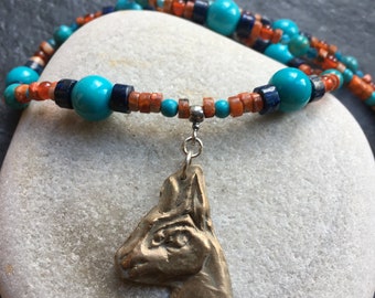 Egyptian cat handmade bronze pendant,semi precious stone necklace, blue jasper, cat pendant, bronze pendant, bronze jewellery, cat gift