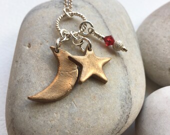 Bronze moon and star pendant, handmade bronze moon with Swarovski crystal and sterling silver chain, moon necklace, star jewellery, moon