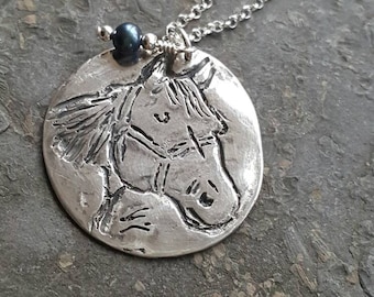 Horse necklace, fine silver, sterling silver chain, peacock pearl, horse power animal, horse gift, silver horse, pony, spirit animal,