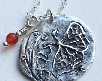 Butterfly pendant handmade in fine silver with carnelian