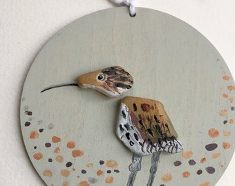Curlew, curlew Hanging Decoration, hand painted sea glass and wood, bird, sea glass art, coastal bird, British birds, sea glass and wood