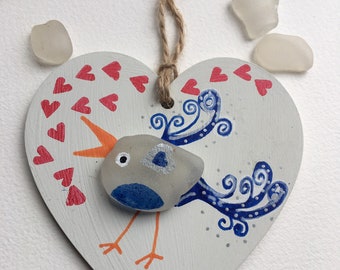 Singing Bird with crown, sea glass and wood hanging