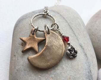 Bronze moon and star pendant, handmade bronze moon with Swarovski crystal and sterling silver chain, moon necklace, star jewellery, moon