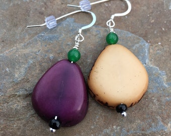 Tagua slice drop earrings, pale yellow and purple