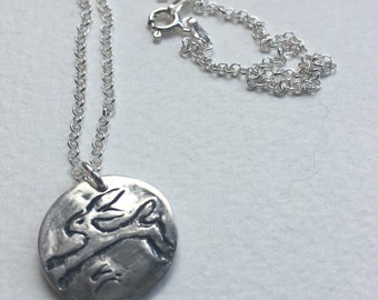 Leaping hare pendant, silver hare, handmade in recycled silver, 16 inch sterling silver chain, hare gift, hare pendant, hare jewellery,