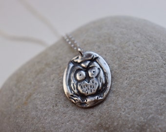 Owl pendant, handmade fine silver, sterling silver chain, owl necklace, silver owl, owl jewellery