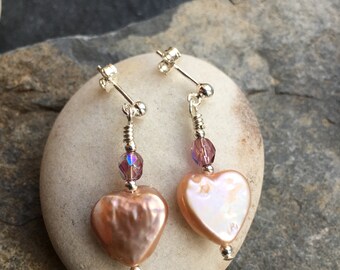 Freshwater pearl heart, faceted glass and sterling silver earrings
