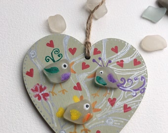 Sea glass birds, love birds, handmade, painted wooden hanging decoration, birds, Mother’s Day gift, friendship, sending love, love hearts