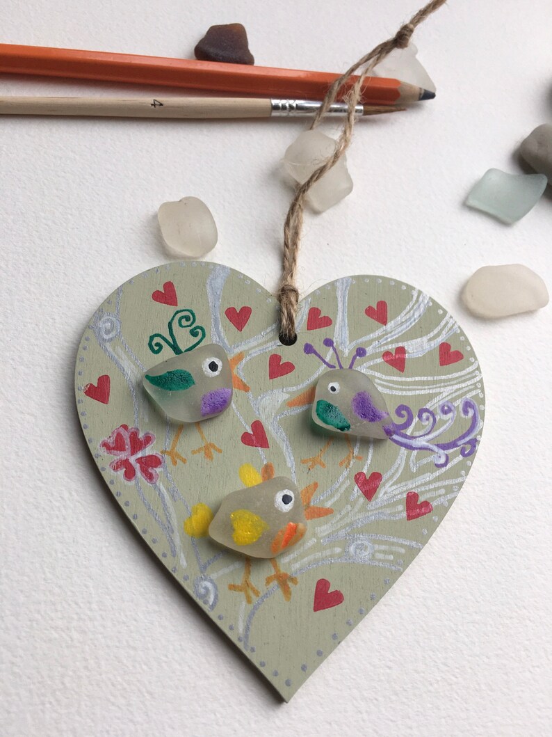 Sea glass birds painted wooden hanging decoration Mother\u2019s Day gift sending love birds love hearts love birds friendship handmade