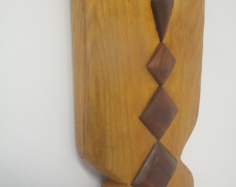 Handmade rustic tribal wood wall hanging inlaid with walnut.   Southwest, Native inspired wall art.