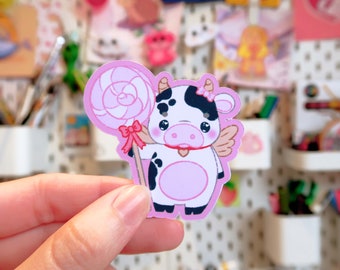 Pink Sweet Cow Sticker, quirky stickers, strawberry cow gifts, nature lovers, cute animals, pastel lollypop