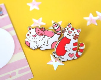 Enamel Love Heart Cat Pins, sitting & standing cat individual or set