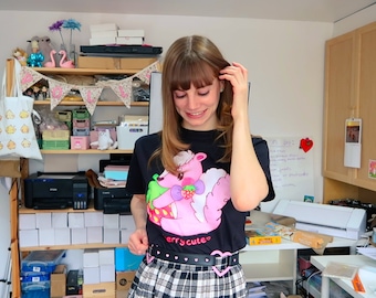 Strawberry Skunk T-shirt, cute quirky illustrated top , black tee, graphic t shirt gift
