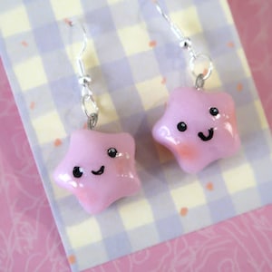 Pink Shimmer Star Earrings (sterling silver plated, hypoallergenic), clay dangly funky earrings