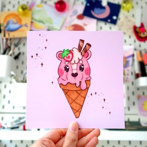 Strawberry Skunk Ice cream 148mm Mini Postcard Print, cottage core, skunk gifts, kawaii food prints