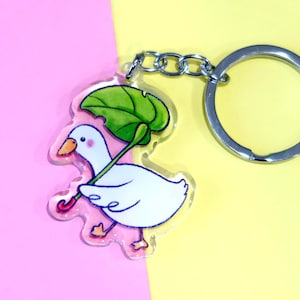 Schattige eend sleutelhanger met bladparaplu, met/zonder charmes, acryl sleutelhanger, cottage kern, ducky paraplu sleutelhanger, sleutelhanger geschenken, eenden cadeau