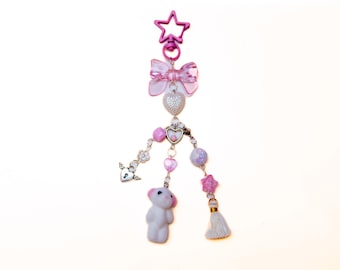 Fuzzy White & Pink Dog Beaded Keyring