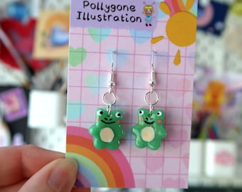 Orecchini a forma di rana Kawaii fatti a mano: placcati in argento sterling, argilla polimerica