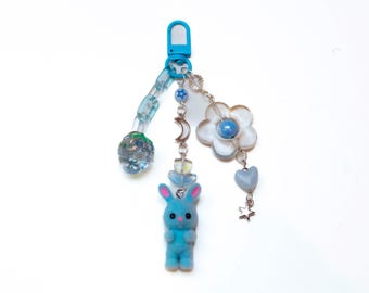 Fuzzy Blue Bunny Beaded Keyring