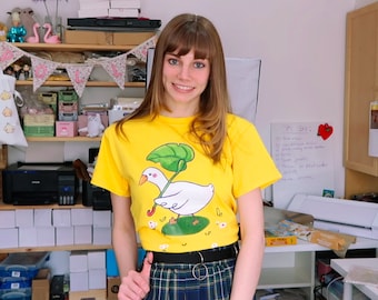 Duck with leaf Umbrella T-shirt, cute quirky illustrated top , yellow tee, graphic t shirt gift, cottage core clothes goose