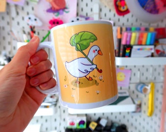 Duck with Umbrella Ceramic Mug, cottage core gifts, cute illustrated mug goose