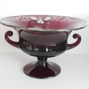 Antique Amethyst Glass Sterling Silver Centerpiece Pedestal Serving Bowl Victorian Art Nouveau Fruit Flower Cranberry 1880s 1900