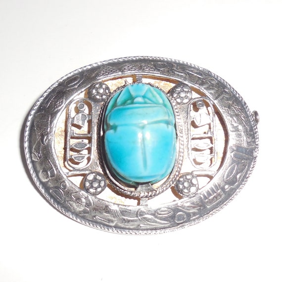 Early Art Deco Egyptian Silver Ceramic Scarab Pin… - image 1