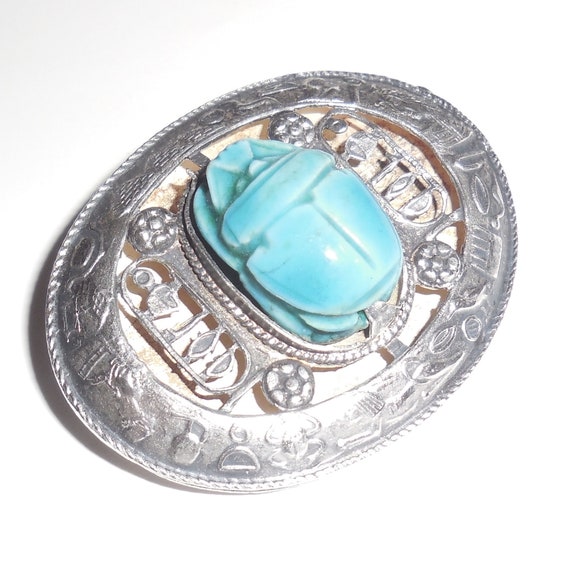 Early Art Deco Egyptian Silver Ceramic Scarab Pin… - image 2