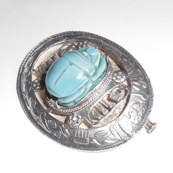 Early Art Deco Egyptian Silver Ceramic Scarab Pin… - image 3