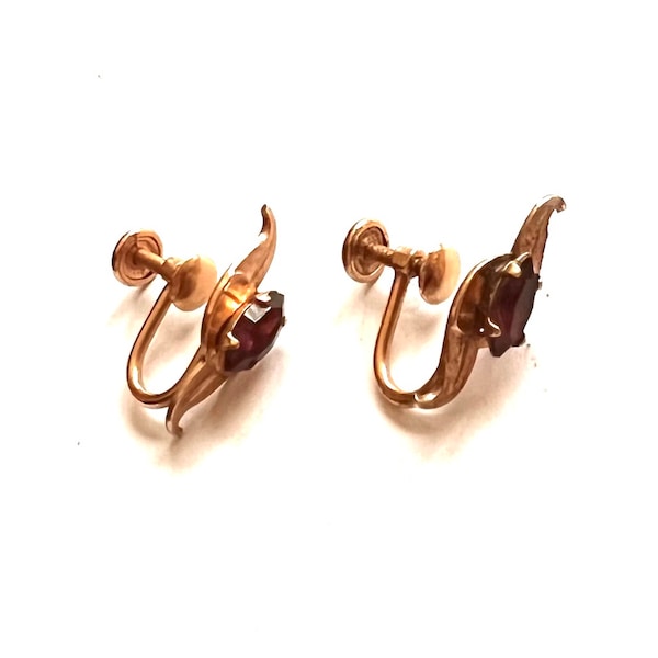 Vintage Van Dell 1 20th 12K Gold Filled Screw Back Earrings Mid Century Red Brown Tourmaline Modernist 1960s 1970s