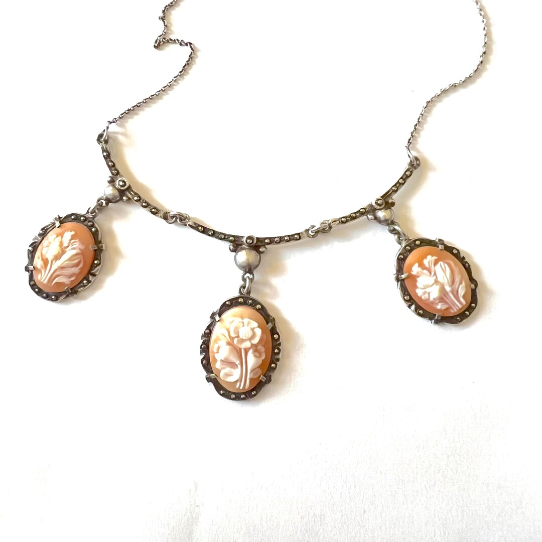 Art Deco Carved Shell Cameo Necklace: Silver Marcasite Festoon, 1930s ...