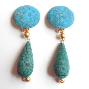 Vintage 1980s Les Bernard Turquoise Color Long Earrings Door Knocker Shoulder Duster