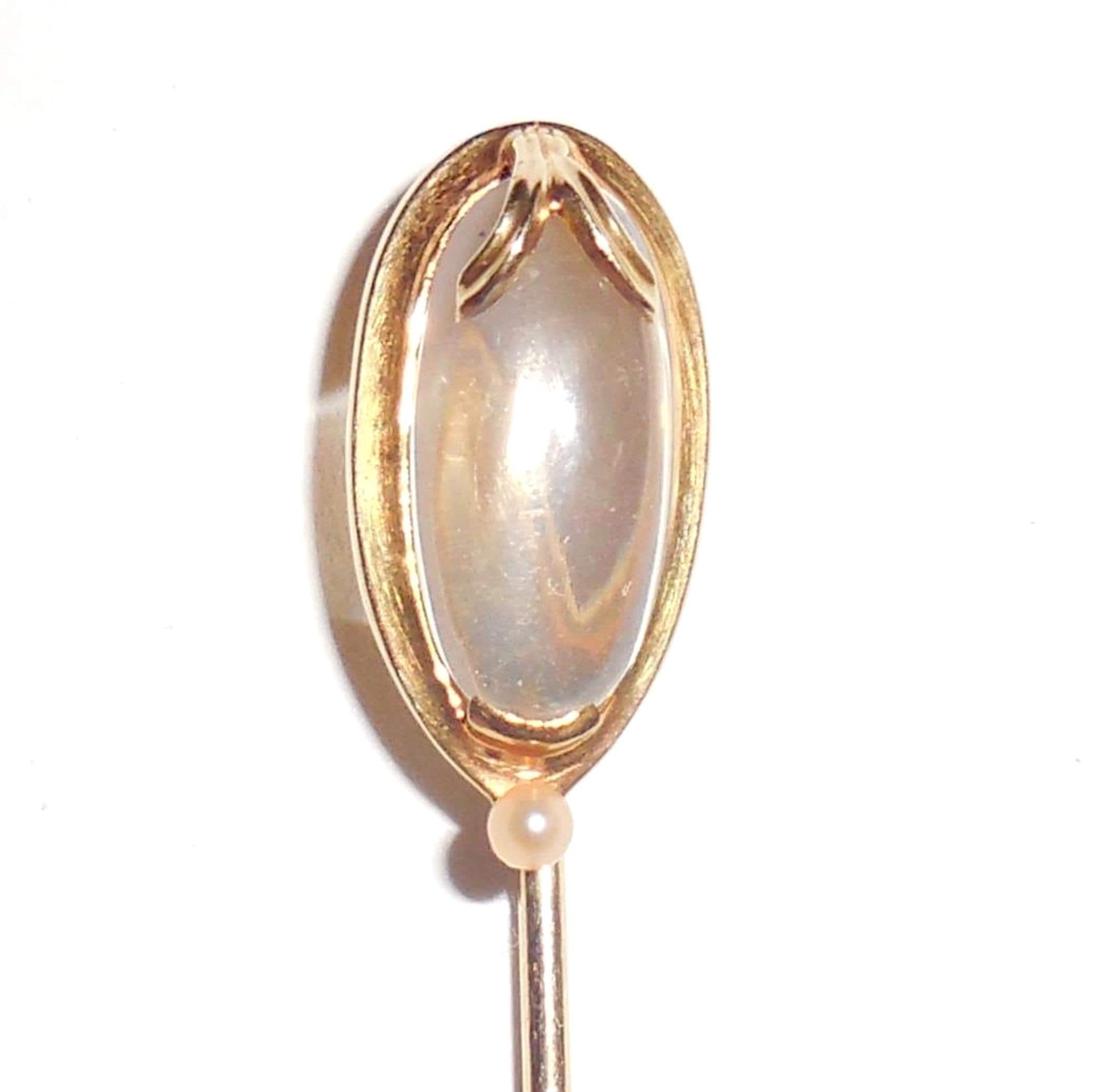 1910s Edwardian 14K Gold Moonstone and Pearl Stickpin, Antique Hat Lapel Pin Jabot