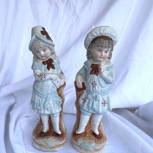 Antique 1880s to 1920 German Bisque 9.25&quot; Girl and Boy Figure #5109 Pair Intaglio Eyes Incised Maker Mark Detailed Heubach Face Well Painted