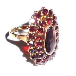 May include: A gold ring featuring a large, oval-shaped cluster of deep red gemstones. The ring's setting is also gold, with smaller red stones surrounding a central, darker red stone. The ring is set against a white background.