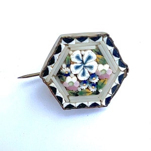 Small Antique 1900s Turn of Century Micromosaic Pin Brooch Tiny Micro Mosaic Handmade Early Pinback Italian Italy