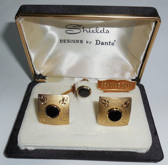 Sterling silver onyx chain link Cufflinks Tie Clip Box Set