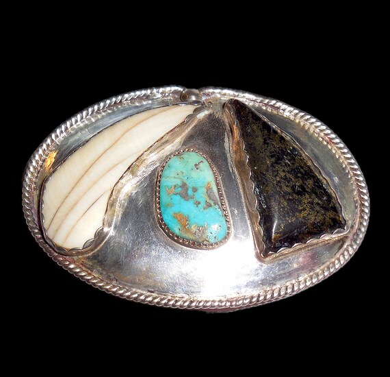 Vintage artist signed inlaid stone belt buckle Vintage Stone Inlay red & Turquoise Style BTS Solid Brass  main image 3
