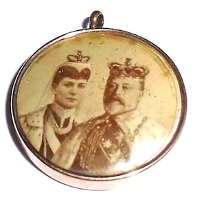 Antique 1902 King Edward Coronation Rose Gold Filled Pendant Fob Edwardian Original English British Sepia Photography Image