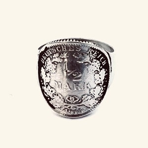 Antique 1915 German Half Mark 900 Silver Coin Ring Edwardian Era Size 7 1/2  Mens Womens 7.5, Deutsche Pre Euro