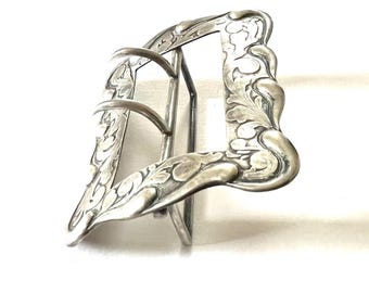 Large Antique Sterling Silver Heavy Art Nouveau Double Hole Belt Sash Buckle Edwardian Victorian