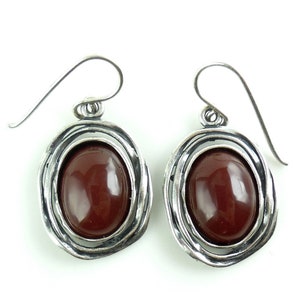 Vintage Israeli Artist Designer Sterling Silver Carnelian Cabochon Pierced Dangle Earrings Hand Wrought Modernist