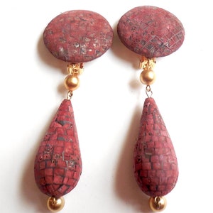 Vintage 1980s Les Bernard Long Earrings Door Knocker Shoulder Duster Earrings Brick Red Black Color