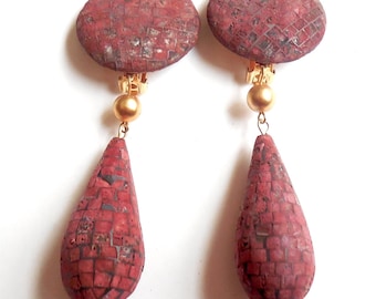 1980s Les Bernard Door Knocker Shoulder Duster Earrings Red Black