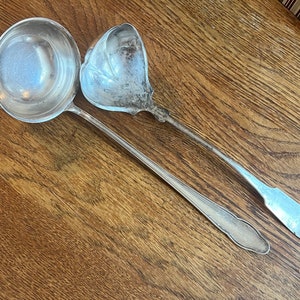 2 Large Long Handled Ladles Antique Silver Plate German Hallmark #90 Rogers Soup Punch Stew Mutton Fruit Table Server Serving Piece Flatware