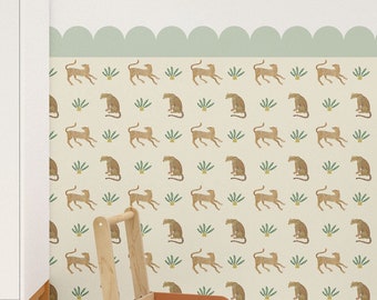 Leopards and Plants Scalloped Wallpaper, peel & stick and plastic-free