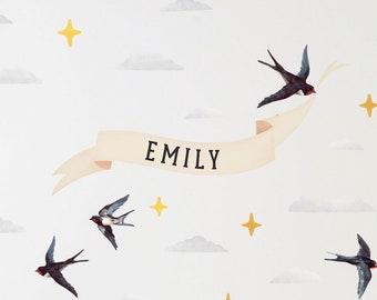 Personalised Name Wall Sticker with Swallows