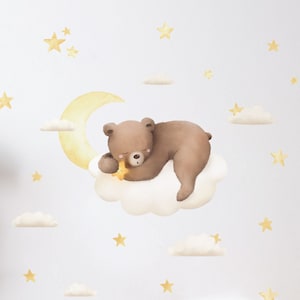 Sleeping Bear Wall Decal with Moon and Clouds, Plastic-Free kids room wall stickers