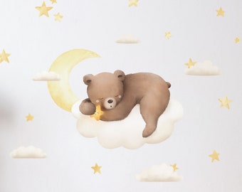 Sleeping Bear Wall Decal with Moon and Clouds, Plastic-Free kids room wall stickers