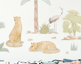 Boho Jungle Wall Decals with Cheetahs, Plastic-Free wall stickers